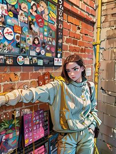 a painting of a woman leaning against a wall with posters on the wall behind her