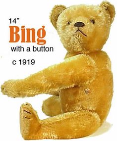 a brown teddy bear sitting on its hind legs with the words bing with a button in front of it