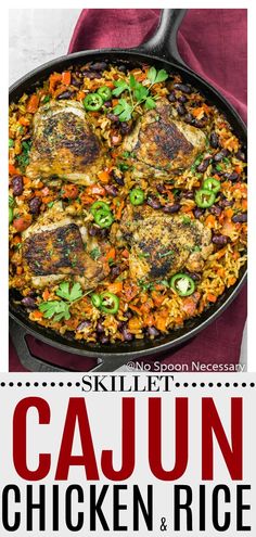 cajun chicken and rice skillet recipe in a cast iron skillet with text overlay