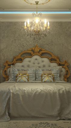 a bedroom with a fancy bed and chandelier