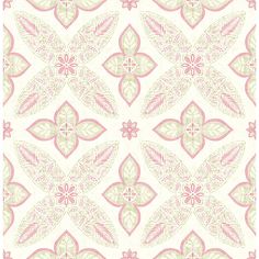 a pink and white wallpaper with an intricate design on the bottom half of it