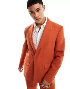 Viggo waffle suit jacket in burnt orange | ASOS Burnt Orange Suit, Velvet Tuxedo Jacket, Orange Trends, Party Dress Codes, Magnolia Parks, Velvet Tuxedo, Orange Suit, Magnolia Park, Tuxedo Jacket