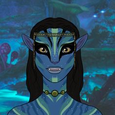 an avatar with blue skin and black hair