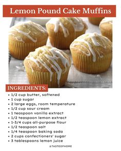 a recipe for lemon pound cake muffins with white icing on top is shown