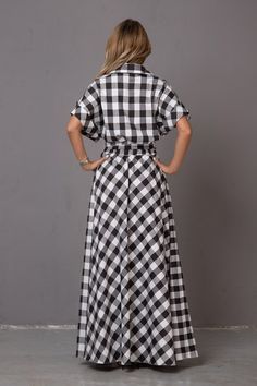 Custom Made Waisted Cotton Dress Black & White Plaid Dress - Etsy Bulgaria Black Cotton Short Sleeve Plaid Dress, Black Short Sleeve Cotton Plaid Dress, Black Plaid Cotton Dress With Short Sleeves, White Cotton Plaid Dress With Short Sleeves, Mid Century Modern Dress, Black And White Plaid Dress, White Plaid Dress, Dress Wedding Guest, Flannel Dress