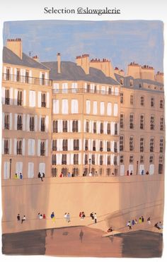 this is an image of a painting of people on the beach in front of buildings