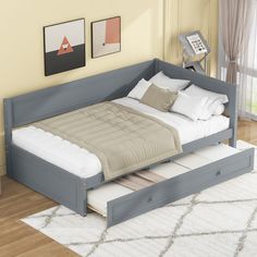 Twin Size Wood Daybed with Trundle and Guardrail Wooden Daybed With Trundle, Day Bed Frame, Wooden Daybed, Twin Daybed With Trundle, Sofa Bed Frame, Wood Daybed, Daybed With Trundle, Bed Slats, Beds & Bed Frames