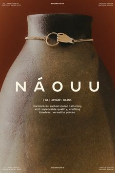 an advertisement for naouu on the back of a vase with a chain attached to it