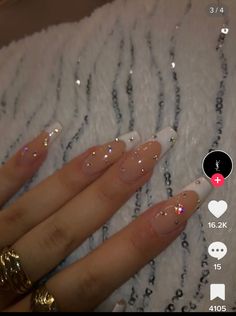 Sparkle French Tip Nails Coffin, Nail Inspo Cute Aesthetic, Aesthetic Ballerina Nails, French Nail Sparkle, Cute Fancy Nails, Sparkle Aesthetic Nails, Rebelde Inspired Nails, Black Silver French Tip Nails, Oval Shaped Nails Designs Classy