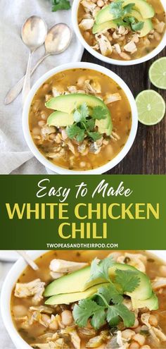 two bowls of white chicken chili with avocado and cilantro on the side