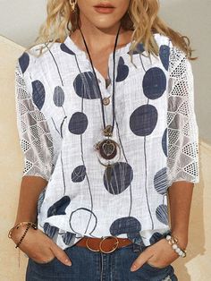 White Casual V Neck Polka Dots Printed Half Sleeve Blouse Autumn Fragrance, Patchwork Sleeves, Stand Collar Blouse, Three Quarter Sleeve Blouses, Fall Blouse, Coat Women Fashion, Half Sleeve Blouse, Summer Lace, Lace Patchwork