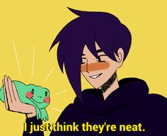 an anime character holding a small animal in his hand with the caption i just think they're neat