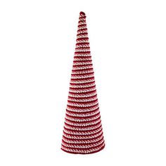 a red and white striped knitted christmas tree on a white background with copy space