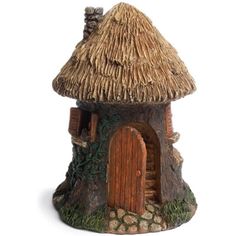 Add new real estate to your fairy garden villages with this realistic, round mini thatched-roof house. Composed of a strong polyresin, this detailed fairy garden ornament features: a detailed tree trunk and bark with vines, a functional door that opens to a flight of detailed wooden stairs, wooden shutters on a second story loft, yellow thatch roof covering, open windows, and a stone chimney. Your fairies will be eternally grateful for upgrading their neighborhood with this miniature gnome cotta Elf Tree House, Elf Tree, Fairy Garden Ornaments, Gnome Home, Woodland Cottage, Thatched House, Mini Fairy Garden, Fairy Garden Supplies, Elf House