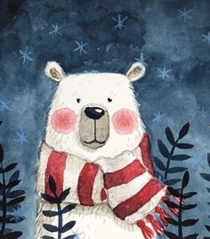 a painting of a polar bear wearing a red and white scarf with stars in the background