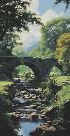 a painting of a bridge over a stream in the woods with mountains in the background