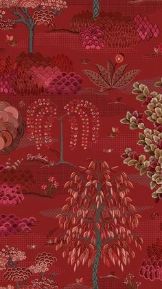 a red background with trees and flowers on it