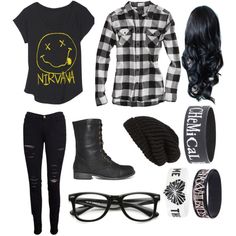 "That's So Punk Rock of You." by mikaykayt on Polyvore Okay I can really wear this outfit close enough. I have the exact flannel shirt, I have a nirvana shirt like that, and I have black jeans :) Winter Hipster, Stylish Spring Outfit, 80s Punk, Band Outfits, Pastel Outfit