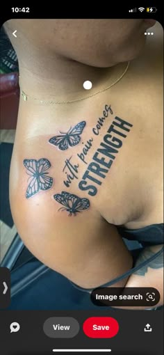 a woman's stomach with the words strength and butterflies on her side, in black ink