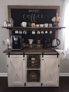 a coffee bar made out of an old door and some shelves with cups on it