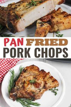 pan fried pork chops on a white plate with rosemary garnish and text overlay