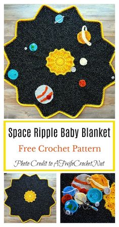 the space ripple baby blanket is made with crochet and has planets on it