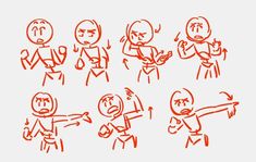 an image of people with different expressions drawn in red marker on white paper, including one man pointing at another person