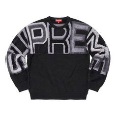 Supreme Chenille Logo Sweater 'Black Grey White' SUP-FW21-256 Black Logo Sweater For Streetwear, Black Sweater With Logo For Streetwear, Designer Black Sweater With Ribbed Cuffs, Black Embroidered Logo Sweater For Winter, Black Sweater With Embroidered Logo For Winter, Black Winter Sweater With Embroidered Logo, Luxury Black Winter Sweater, Male Wardrobe, Supreme Sweater