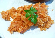 two pieces of fried food on a white plate with parsley garnishes