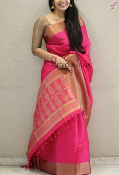 So pretty Kanjivaram Blouse, Golden Saree, Rani Pink, Silk Saree Blouse Designs, Indian Fashion Saree, Saree Blouse Designs Latest