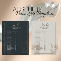 the beauty salon price list is displayed next to an image of flowers and leaves on a beige background