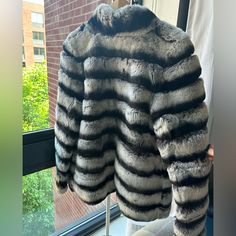 Black/White/Silver Fur Jacket Size Small Luxury Silver Outerwear For Winter, Rabbit Fur Jacket, Snow Jacket, Rabbit Fur, Fur Jacket, White Silver, Black Silver, Jackets For Women, Black White