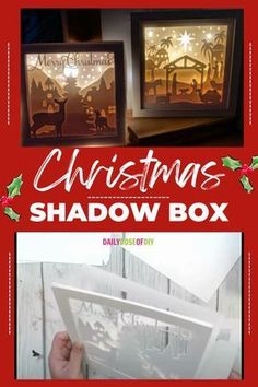 a christmas shadow box is shown in front of a red background