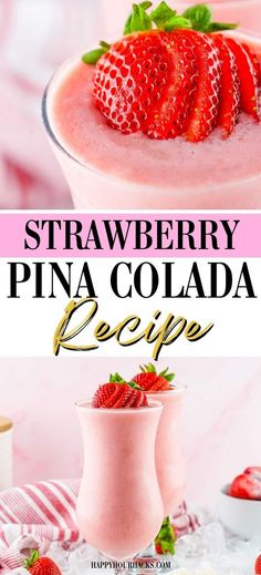 strawberry pina colada recipe with text overlay