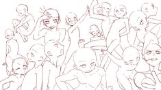 a line drawing of people with different facial expressions and body shapes, all in various poses