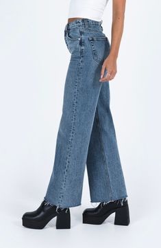 Vintage-wash nonstretch jeans feature a high waist, raw hems and relaxed, full-length straight legs for a look that's very of-the-moment. 28 1/2" inseam; 20" leg opening; 12" front rise; 15" back rise (size 8) Zip fly with button closure Five-pocket style 100% cotton Machine wash, tumble dry Imported Highrise Jeans, High Waist Straight Leg Jeans, High Rise Jeans, Princess Polly, Straight Leg Jeans, Leg Jeans, Full Length, High Waist, Straight Leg