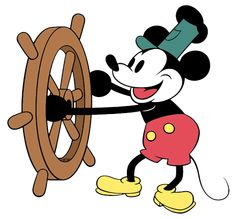 the mickey mouse cartoon is holding on to a steering wheel