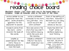 the reading choice board for children to use in their book, which includes an image of flowers