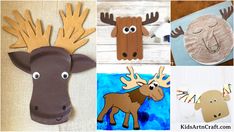 four different pictures with animals made out of wood and paper on the bottom one is a moose, another has antlers