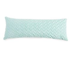 the aqua chevroned pillow is shown on a white background and has a long, rectangular