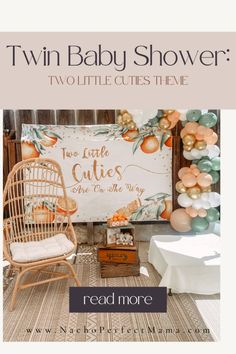 the twin baby shower sign is displayed in front of an orange and white backdrop with balloons