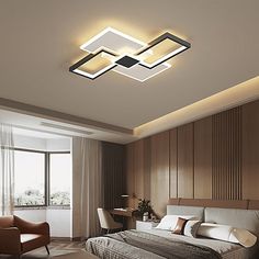 a bed room with a neatly made bed and a ceiling light that is suspended above the bed