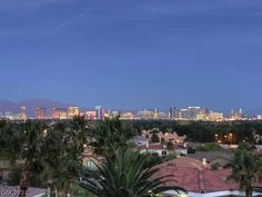 the city skyline is lit up at night with palm trees and buildings in the foreground