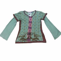 Brand New With Tags Nwt Inner Child Mint Green Patterned Long Sleeve Shirt Size M Fitted Long Sleeve Purple T-shirt, Green Patchwork Crew Neck Blouse, Green Crew Neck Blouse With Patchwork, Bohemian Long Sleeve Purple Tops, Purple Long Sleeve Bohemian Top, Bohemian Purple Long Sleeve Top, Stretch Long Sleeve Patchwork Tops, Stretch Patchwork Long Sleeve Tops, Fall Crew Neck Purple Blouse