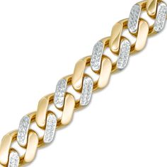 This 11.3mm-wide diamond-cut alternating pattern curb chain bracelet fashioned in 14K two-toned gold measures 8.5 inches in length and secures with a box clasp. Yellow Gold Diamond Bracelet With Cuban Link Curb Chain, Gold Diamond Cut Cuban Link Bracelet, Formal Cuban Link Diamond Cut Bracelet, Yellow Gold Cuban Link Bracelet With Diamond Cut, Gold Link Bracelet With Diamond Accents, Gold Diamond Bracelet With Curb Chain, Diamond Curb Chain Link Bracelet, Formal Diamond Curb Chain Bracelet, Anniversary Cuban Link Curb Chain Bracelet