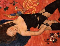 a painting of a woman laying on her side with flowers and birds around her neck