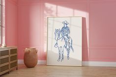 a drawing of a man riding a horse in a pink room