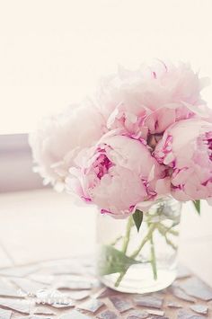 some pink flowers are in a glass vase