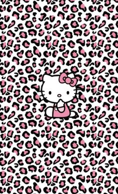 a hello kitty wallpaper with pink and black leopard print on it's back