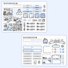 two stickers depicting the different types of items in this game, one is blue and white